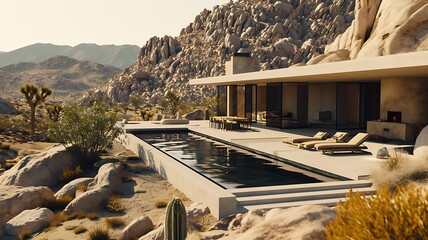 Desert Zen Haven: A Contemporary Desert Retreat with Minimalist Design, Embracing Serenity and Harmony Amidst Arid Beauty - obrazy, fototapety, plakaty