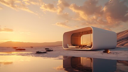 Desert Zen Haven: A Contemporary Desert Retreat with Minimalist Design, Embracing Serenity and Harmony Amidst Arid Beauty - obrazy, fototapety, plakaty