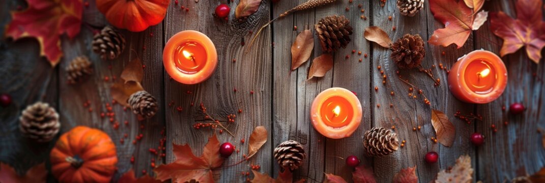 Autumn background with candles, pumpkins and autumn leaves on a wooden table. A flat lay style of fall season decoration concept, in the style of qh films digital, commercial photography