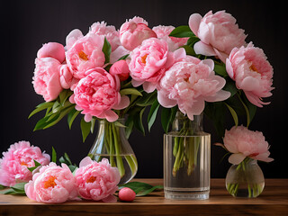 Beautiful peonies displayed in vases on a table, ideal as a gift for a woman