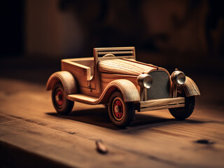 Nostalgia and simplicity embodied in a wooden toy car on a table - obrazy, fototapety, plakaty