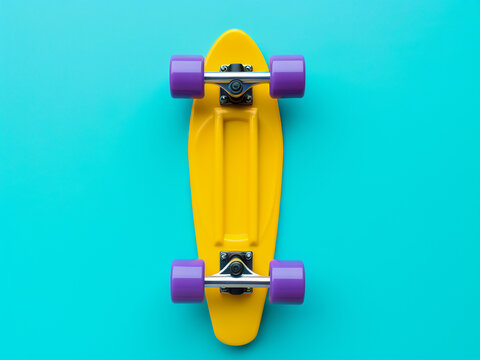 Violet skateboard with yellow wheels adds a pop of color to a pastel background