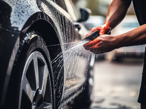 Close-up of worker washing car with foam using a high-pressure hose