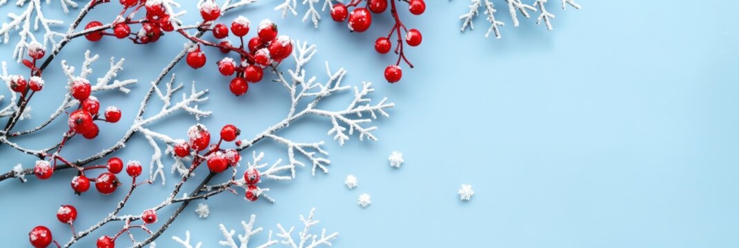 Christmas or winter composition. Flat lay, top view with snowflakes and red berries on a pastel blue background, high quality, Banner Image For Website, Background