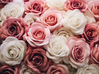 Close-up captures the delicate beauty of white and pink artificial roses