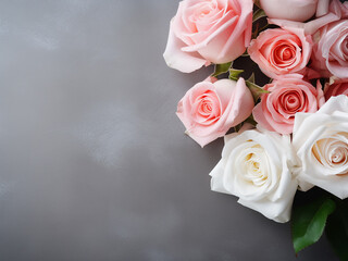 White and pink roses stand out against a textured grey background