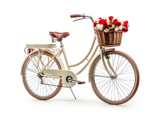 Fototapeta na wymiar Vintage-style white bicycle adorned with red tulips on a white backdrop