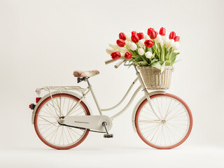 Fototapeta na wymiar White bicycle with red tulips embodies a vintage charm for special occasions