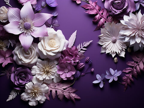 White and purple flowers arranged on a purple paper backdrop