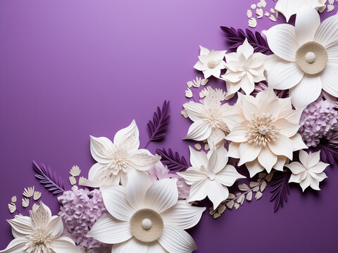 Purple paper background adorned with white and purple flowers