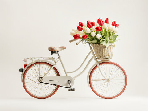 White bicycle with red tulips embodies a vintage charm for special occasions