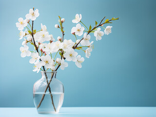 Cherry blossom twigs in a glass vase stand on blue paper, with space for text