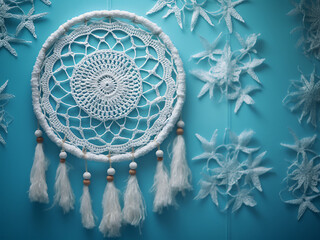 Aquamarine textured background hosts close-up of white crochet doily dream catcher - obrazy, fototapety, plakaty
