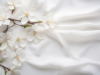 Soft focus white flowers arranged on white fabric background with space for text