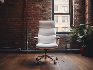 Imposing yet elegant, a white leather boss chair dominates against a brick wall