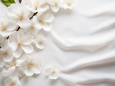 Copy space provided on white fabric backdrop adorned with white flowers
