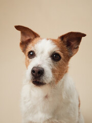 Jack Russell Terrier dog smiling on a beige backdrop, Joyful and attentive stance captured in neutral studio light - 780122575