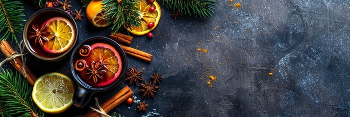 Flat lay of hot mulled wine with cinnamon, orange and lemon on dark background. Christmas concept. Top view