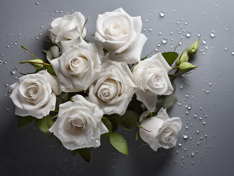 Grey background embellished with white roses and scattered petals