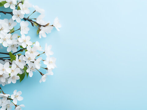 Empty space for text atop light blue background, adorned with white spring flowers