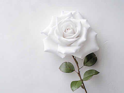 A single beautiful rose on a clean white wall background
