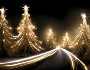 Long exposure photo of light trails creating an enchanting forest of christmas trees