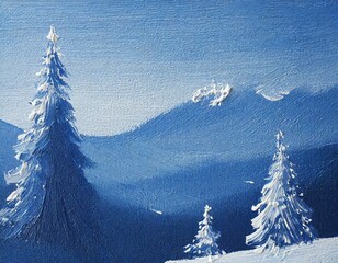 Peaceful winter scene: textured oil painting of snow-covered pine trees against a blue sky