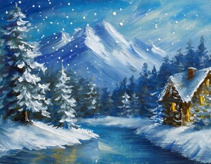 Snowy winter night scene with a cabin and pine trees in an acrylic painting