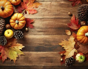 Various pumpkins, pine cones, and autumn leaves displayed on a weathered wooden table