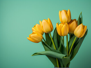 Vertical photo of yellow tulips on kraft mint paper, suitable for greetings