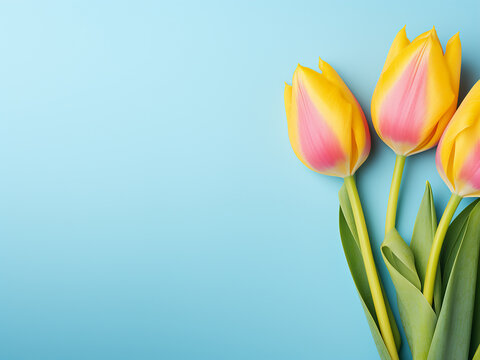 Yellow tulips add vibrancy to pink and blue spring-themed background