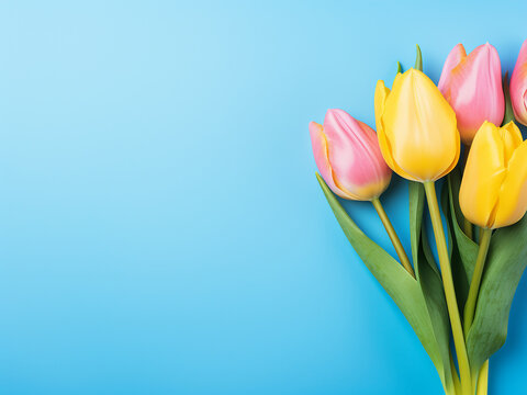 Space for text provided on pink and blue backdrop with yellow tulips