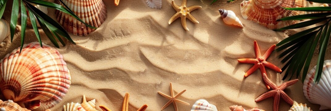 Representing travel and vacation, the background features sand with various photos of beach scenes, seashells, starfish, palm leaves, sunset, and sunbathing on it, Banner Image For Website, Background