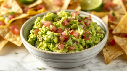 A bowl of fresh guacamole sits on an elegant marble table, surrounded by crunchy nachos. Close-up of vibrant green guacamole contrasts with the soft white of marble.