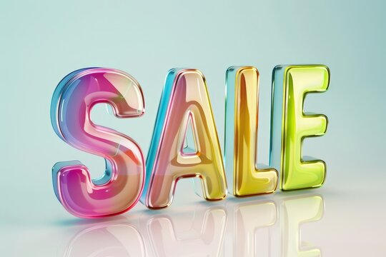 Shimmering 3D 'SALE' text in candy colors with a reflective glass-like finish on a light teal backdrop