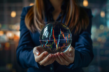 Fototapeta premium Stock market prediction, financial forecasting. Woman holding a crystal globe with a candlestick chart showing in it. High quality photo