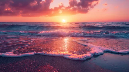 Tuinposter The ocean is calm and the sun is setting, creating a beautiful. AI. © ART IS AN EXPLOSION.