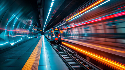 A train is traveling through a tunnel with bright lights. AI. - obrazy, fototapety, plakaty