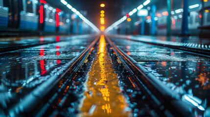A train station with a wet track and a yellow line. AI.