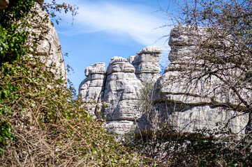 Hiking in the Torcal de Antequerra National Park, limestone rock formations and known for unusual...