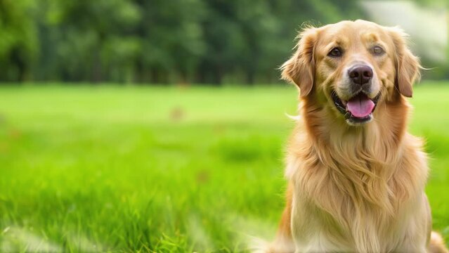 golden retriever dog sitting on grass and trees blur background