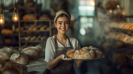 A young woman baker holding a tray of freshly baked bread. Food industry and Business.