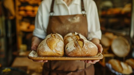 A young man baker holding a tray of freshly baked bread. Food industry and Business.
