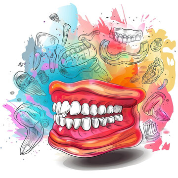 A colorful drawing of a mouth with a toothbrush and a toothpaste tube