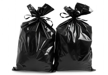 Black garbage bags on white background, concept of environmental preservation, recycling, garbage collection.