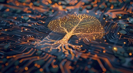 Circuit board with tree and digital elements, technology and sustainability concept.