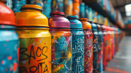 Abstract shapes and dynamic lines emerge from custom graffiti spray cans, telling stories untold - obrazy, fototapety, plakaty