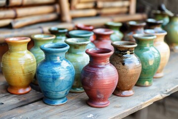 Fototapeta na wymiar Handmade colorful clay vases on a wooden table, concept of craftsmanship, decoration, handiwork.
