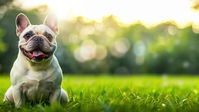french bulldog dog with happy expression and sitting on the grass