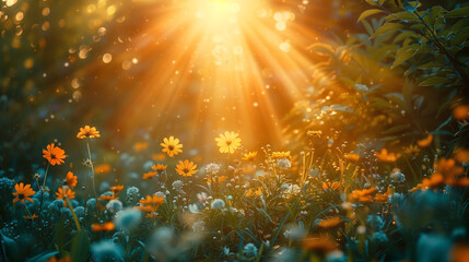 A field of flowers is bathed in sunlight, creating a warm. AI.